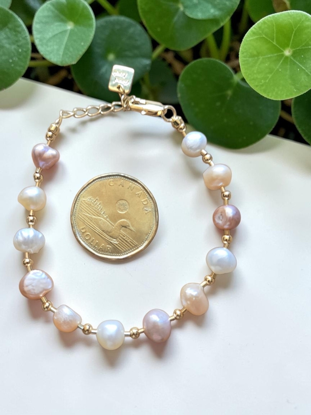Dainty Freshwater Pearl Bracelet – Gold Beads – Adjustable 8" – Good Luck Tag